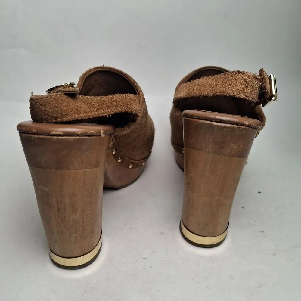 Tory Burch Brayden Slingback Clog 8M Brown Gold Wood Heel Studded Summer Party